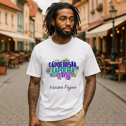 Alt Tag: Capoeira Personalizado 100% Organic Cotton T-Shirt con diseño de palabras Capoeira y nombre personalizado "Mestre Feijao" en camiseta blanca