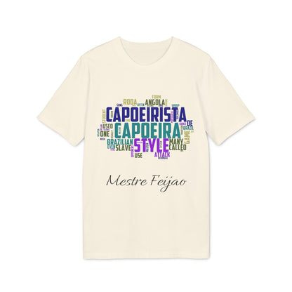 Alt Tag: Capoeira Personalizado 100% Organic Cotton T-Shirt beige tee with capoeira word art graphic and custom name “Mestre Feijao”