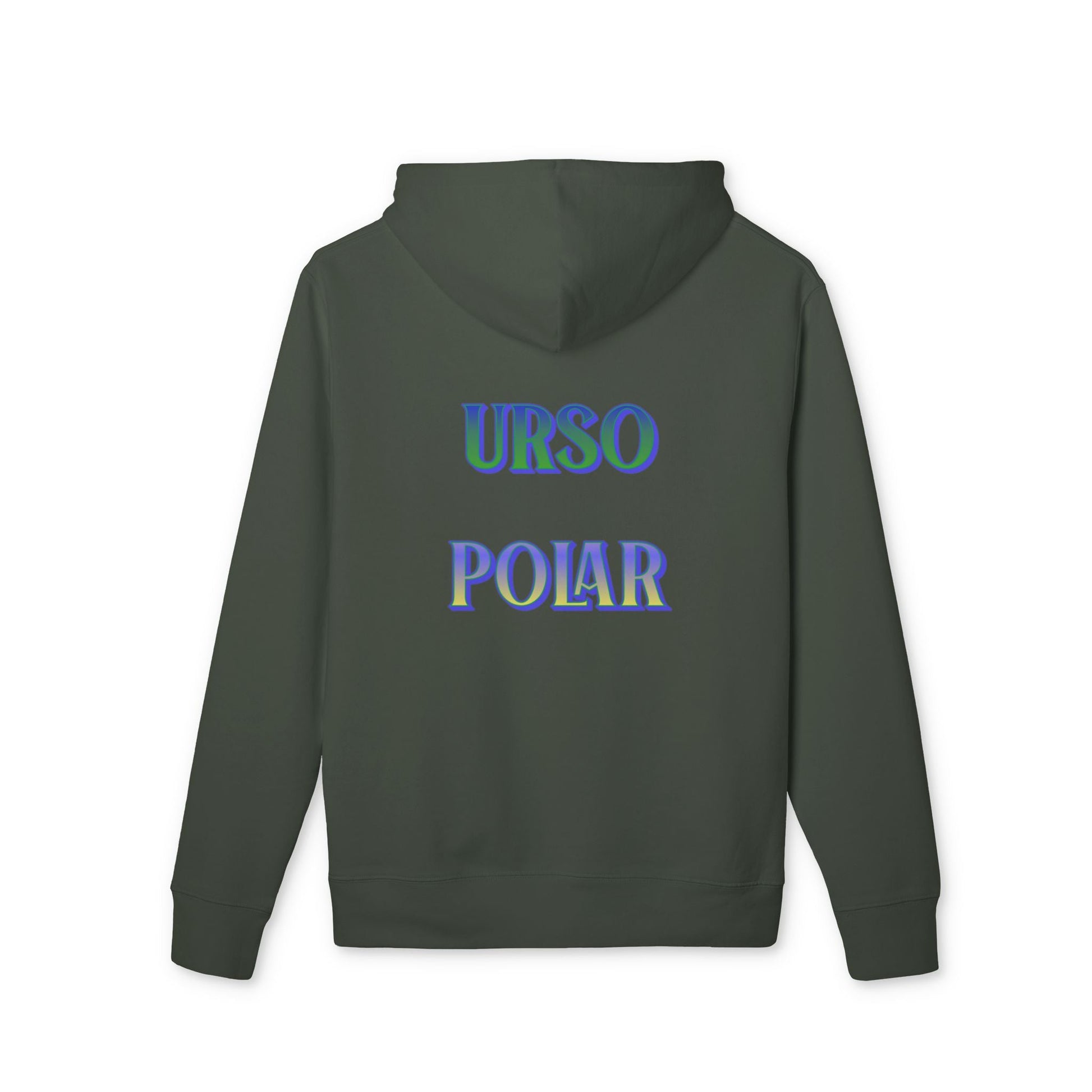 Alt Tag: Capoeira Personalized Premium Unisex Hoodie verde oscuro con capucha, vista trasera, texto "URSO POLAR" en la espalda