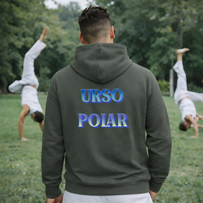 Capoeira Personalized Premium Unisex Hoodie with URSO POLAR back print, worn outdoors while capoeira practitioners do handstands