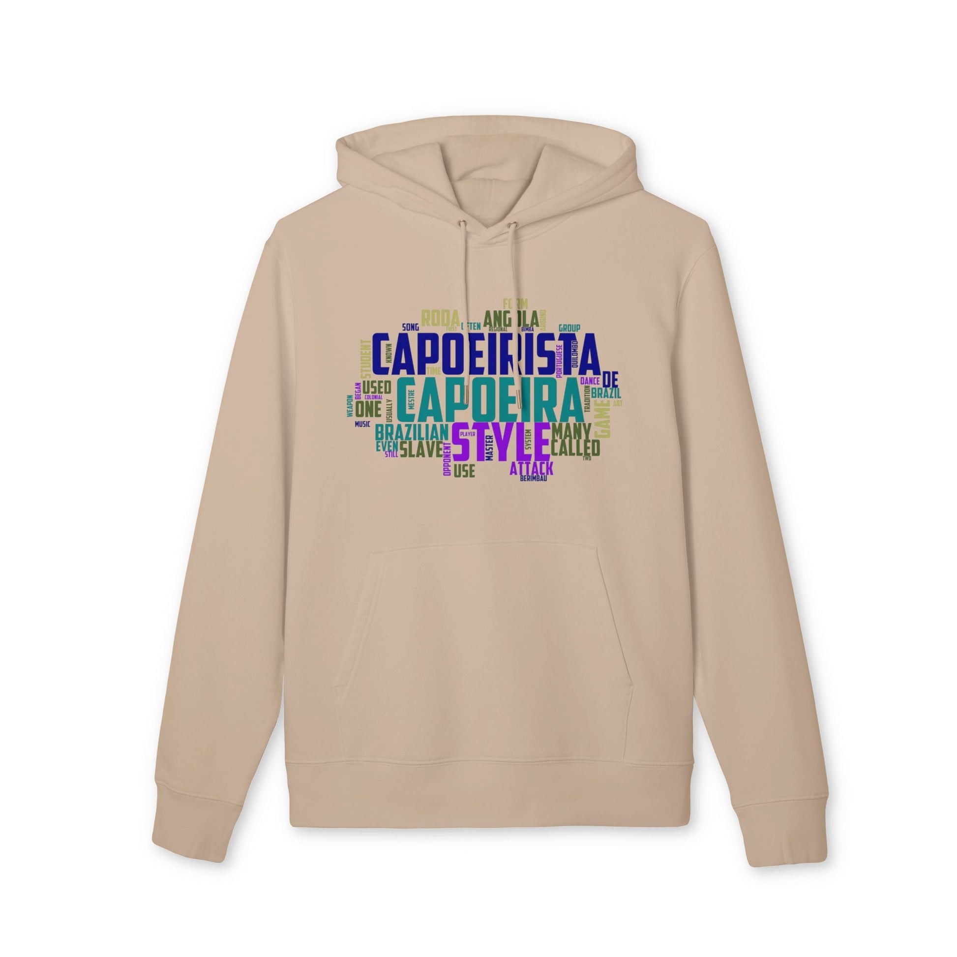 Capoeira Personalized Premium Unisex Hoodie beige with colorful Capoeira word art graphic on front, organic cotton pullover with hood