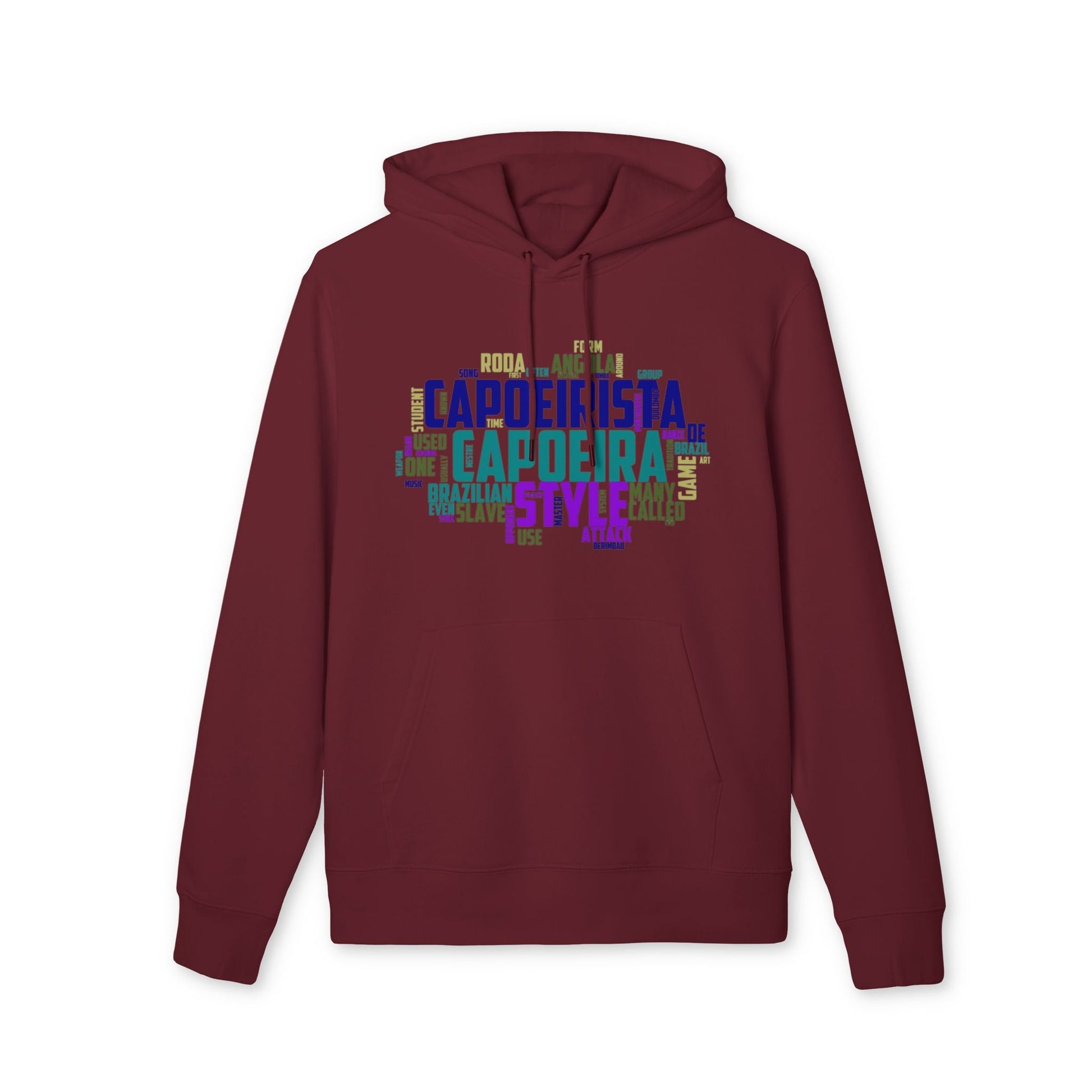 Alt Tag: Capoeira Personalized Premium Unisex Hoodie burdeos con capucha y gráfico tipográfico multicolor de capoeira en el pecho