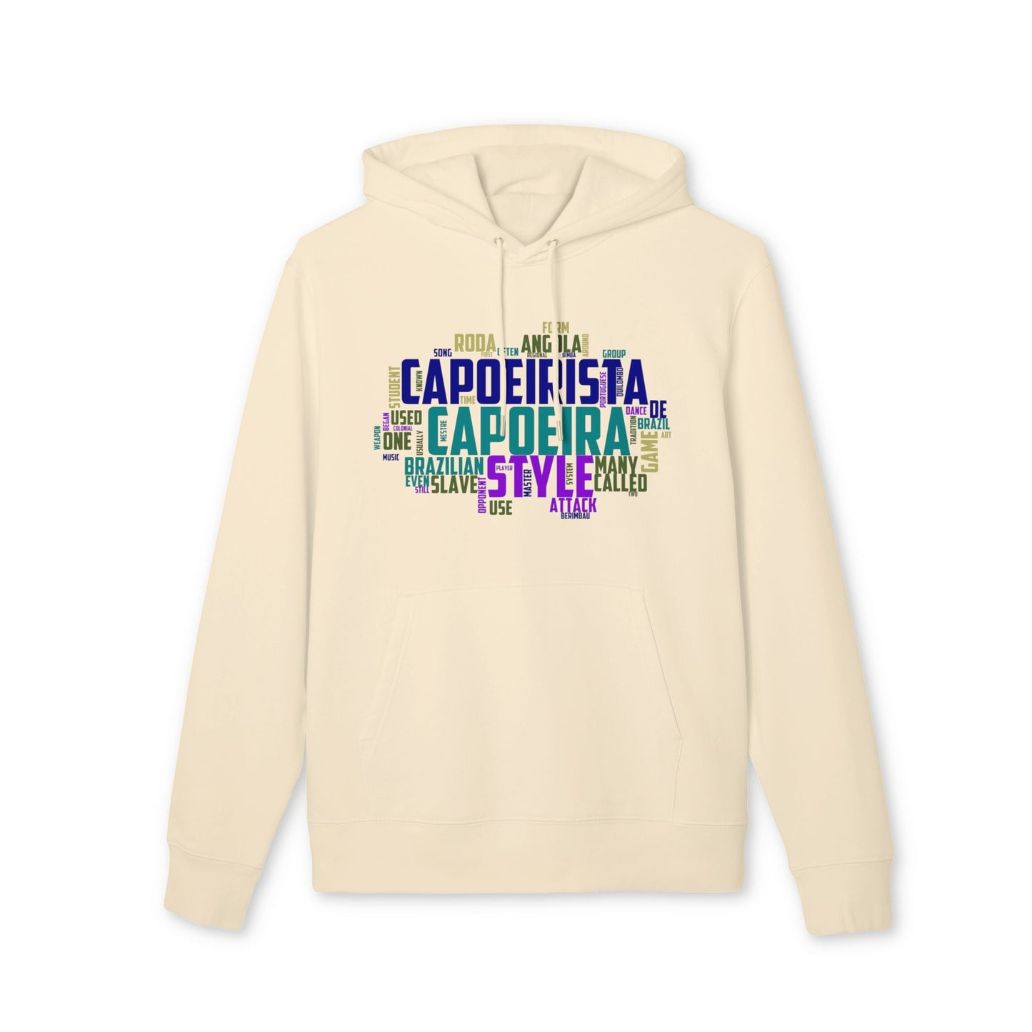 Capoeira Personalized Premium Unisex Hoodie de algodón orgánico color crema con estampado tipográfico multicolor “Capoeira” en el pecho