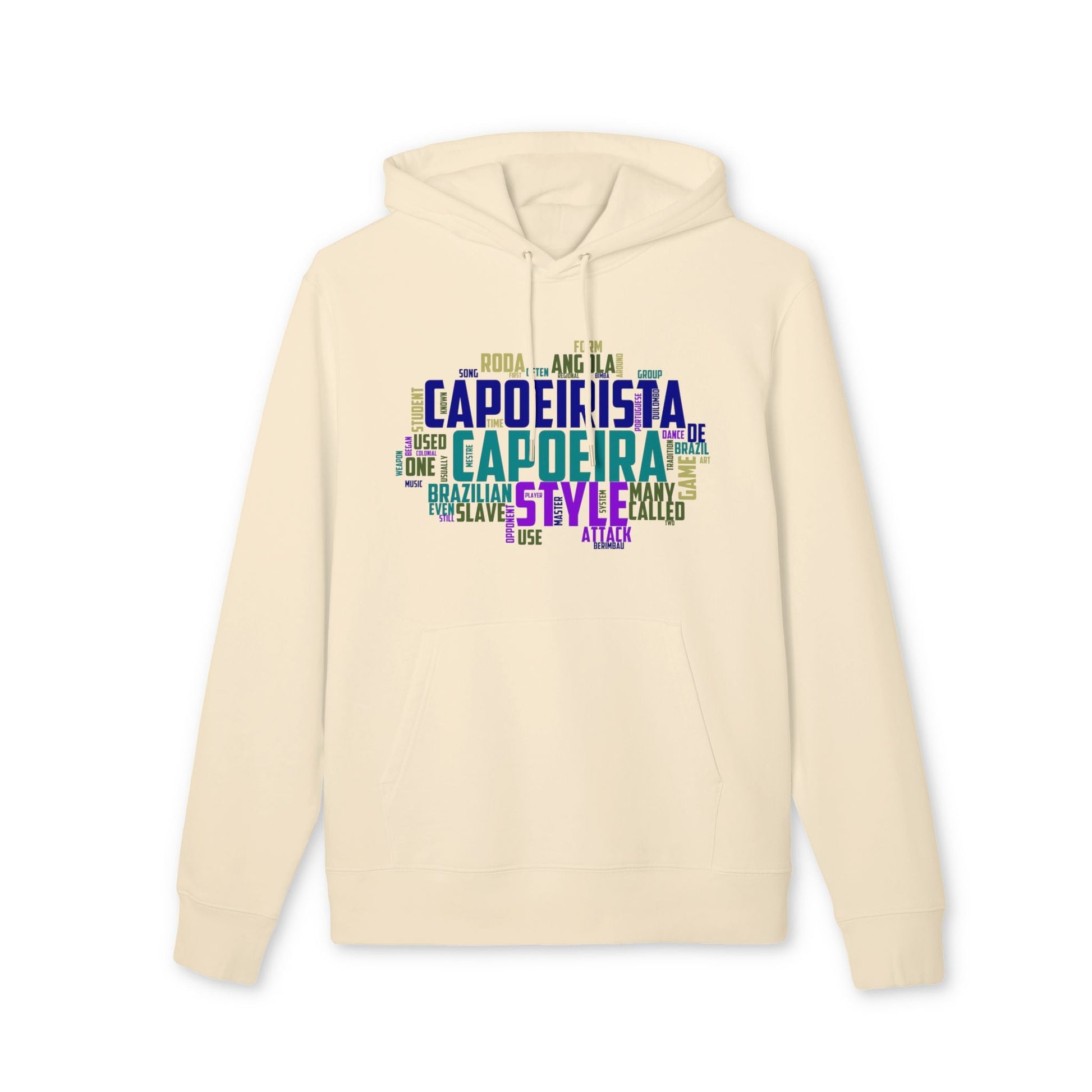 Capoeira Personalized Premium Unisex Hoodie de algodón orgánico color crema con estampado tipográfico multicolor “Capoeira” en el pecho