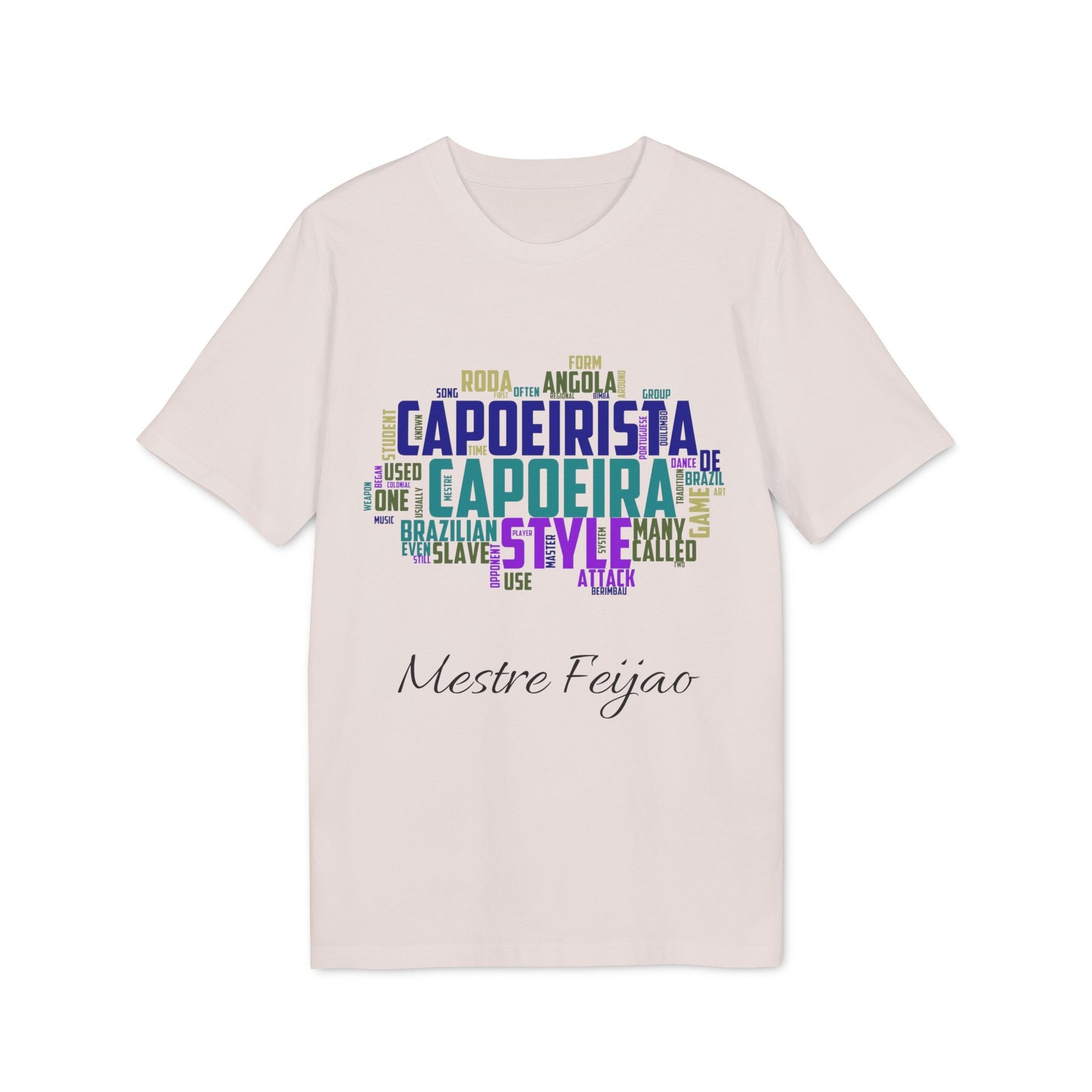 Capoeira Personalized Premium Unisex T-Shirt con diseño tipográfico “Capoeirista Capoeira” y texto personalizable “Mestre Feijao”