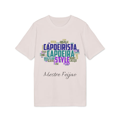 Capoeira Personalized Premium Unisex T-Shirt con diseño tipográfico “Capoeirista Capoeira” y texto personalizable “Mestre Feijao”