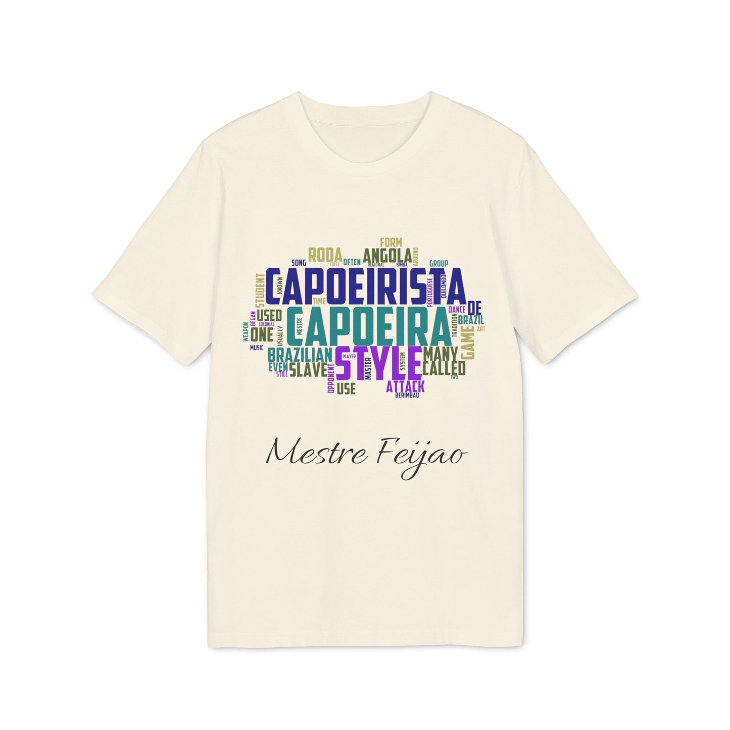 Capoeira Personalized Premium Unisex T-Shirt beige with capoeira word cloud graphic and "Mestre Feijão" name print