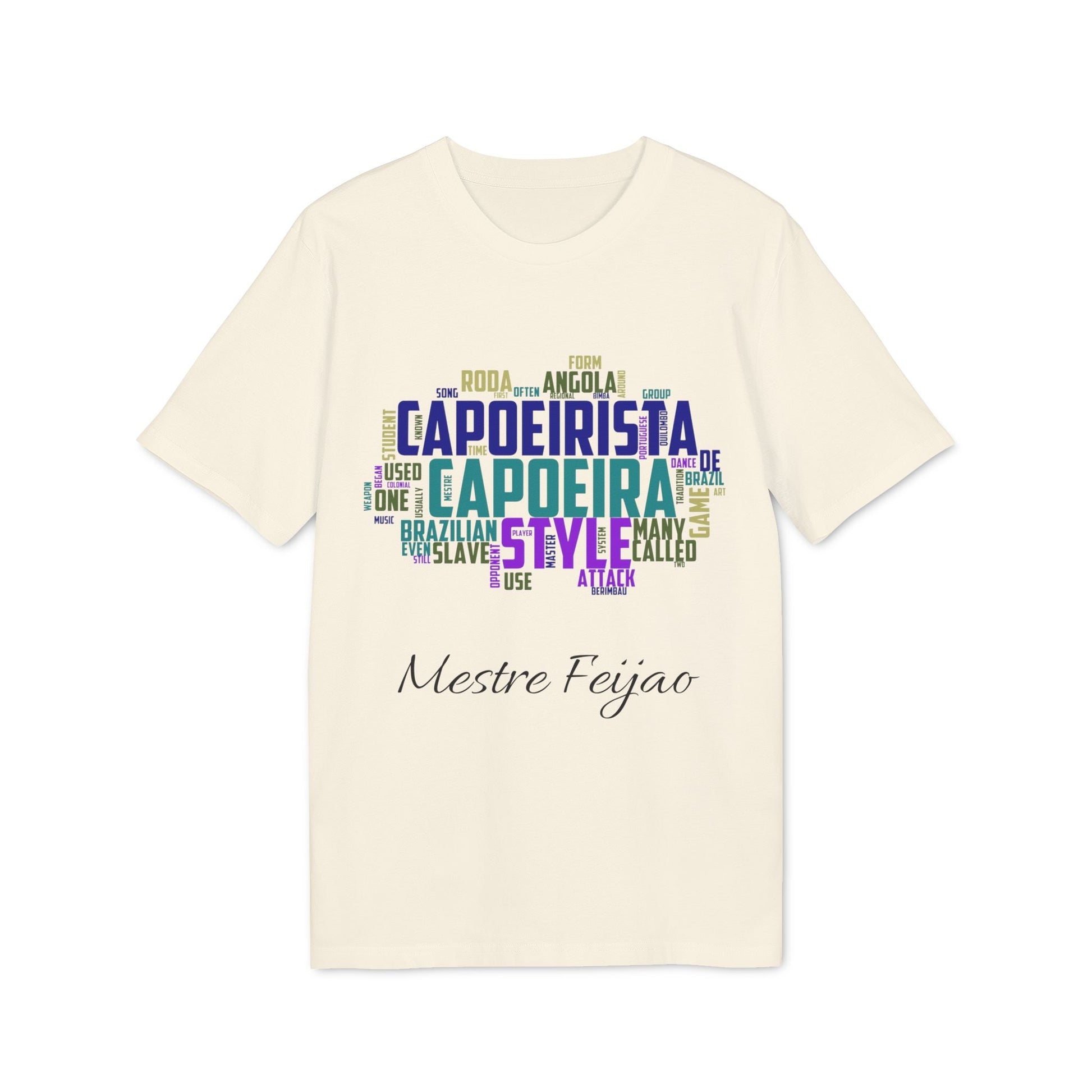 Capoeira Personalized Premium Unisex T-Shirt beige with capoeira word cloud graphic and "Mestre Feijão" name print