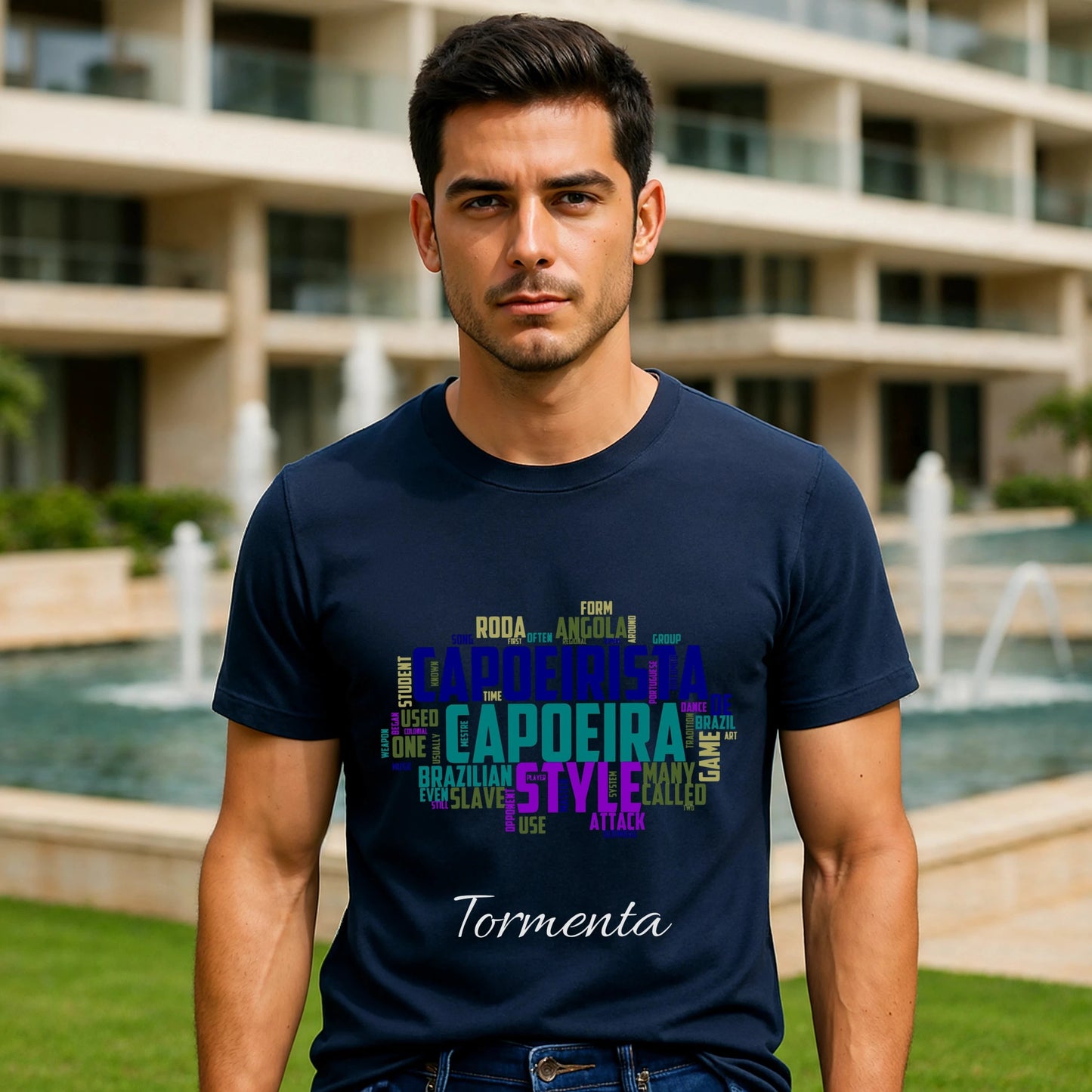 Alt Tag: Capoeira Personalized Premium Unisex T-Shirt navy with capoeira word art graphic and "Tormenta" name print on model outdoors