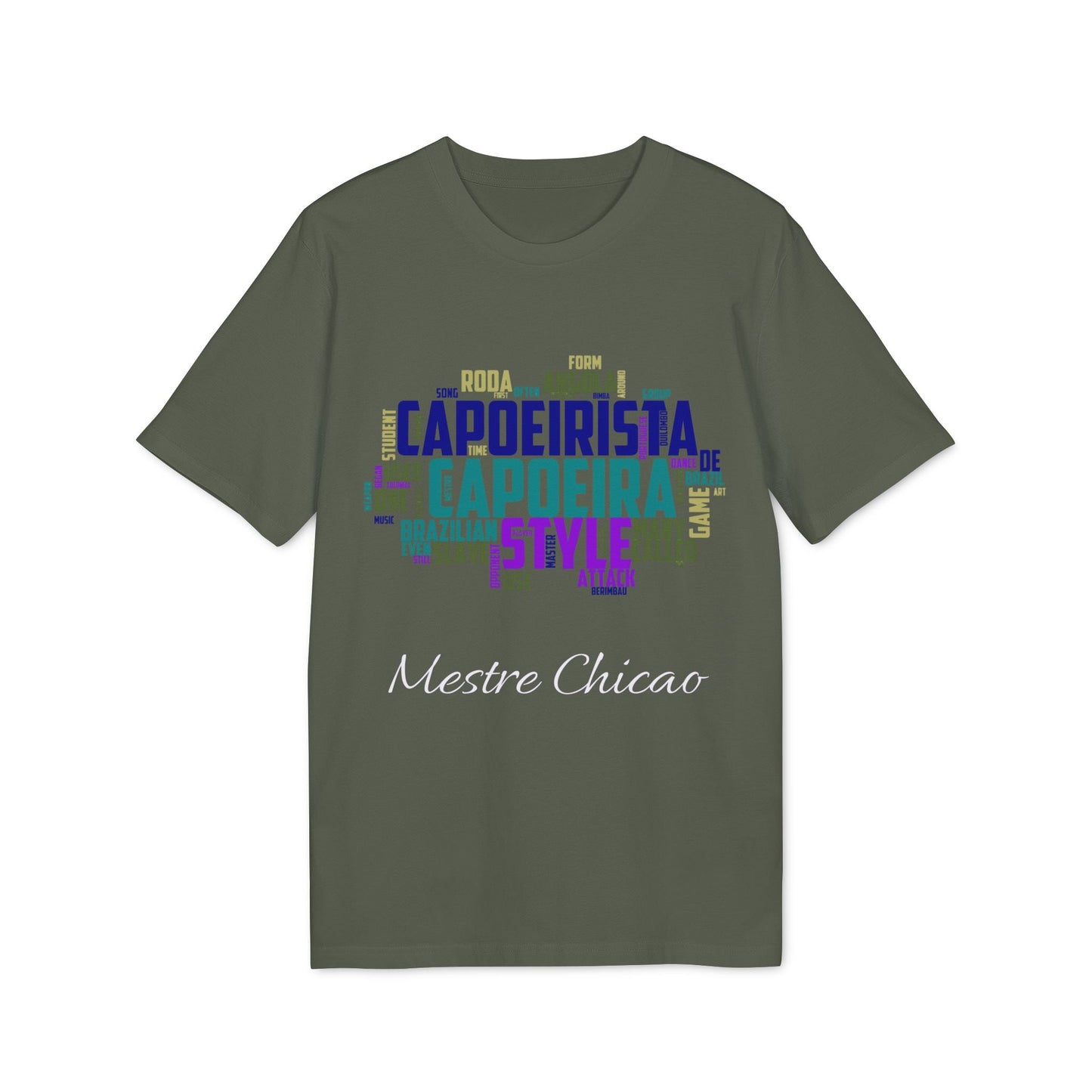 Capoeira Personalized Premium Unisex T-Shirt verde oliva con gráfico tipográfico "Capoeirista" y personalización "Mestre Chicao"