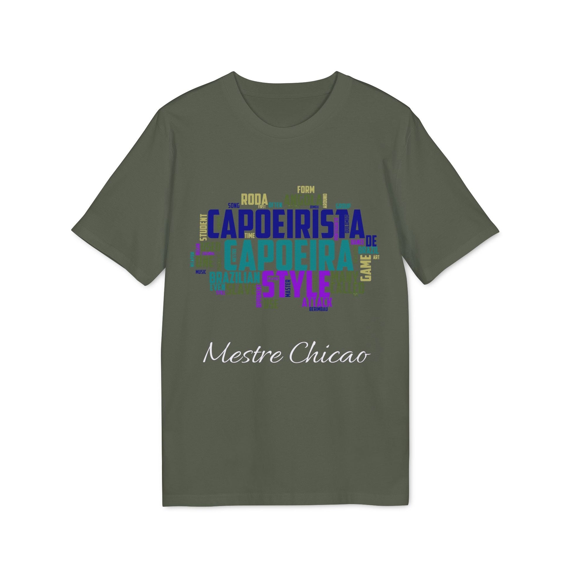 Capoeira Personalized Premium Unisex T-Shirt verde oliva con gráfico tipográfico "Capoeirista" y personalización "Mestre Chicao"