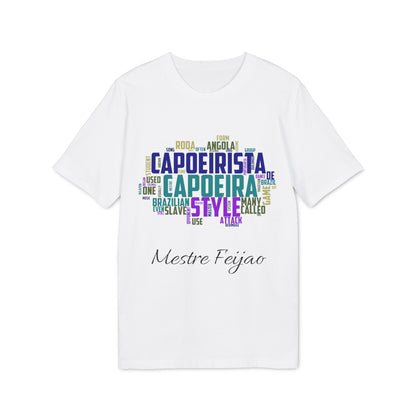 Capoeira Personalized Premium Unisex T-Shirt blanca con diseño tipográfico capoeira y nombre personalizado “Mestre Feijao”