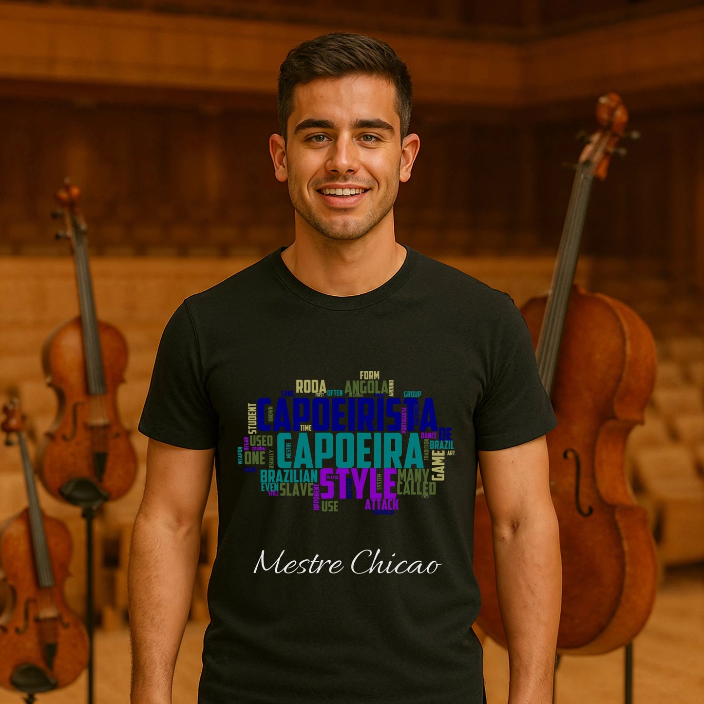 Capoeira Personalized Premium Unisex T-Shirt black tee with capoeira word art and "Mestre Chicão" personalization, worn by male model