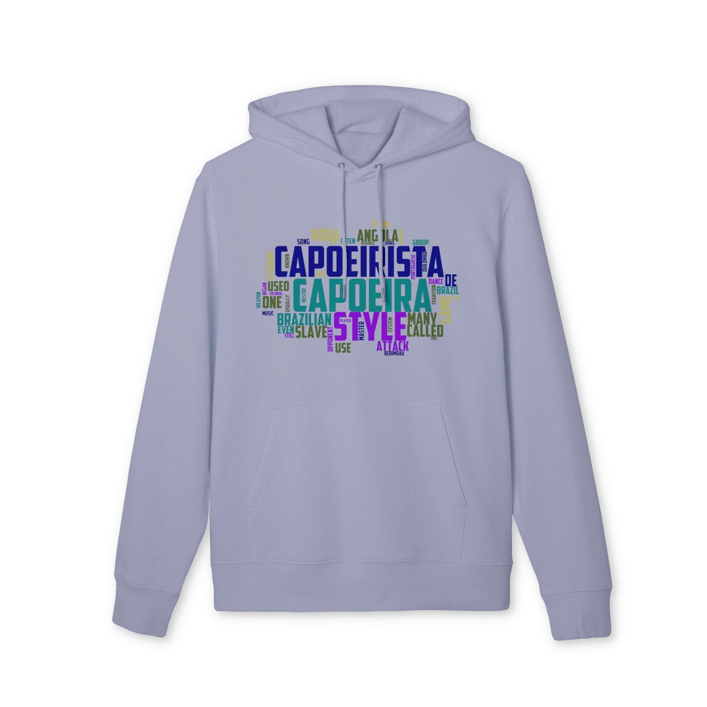 Capoeira Sustainable Unisex Hoodie in light lavender with hood and drawstrings, featuring colorful capoeira word art graphic on front