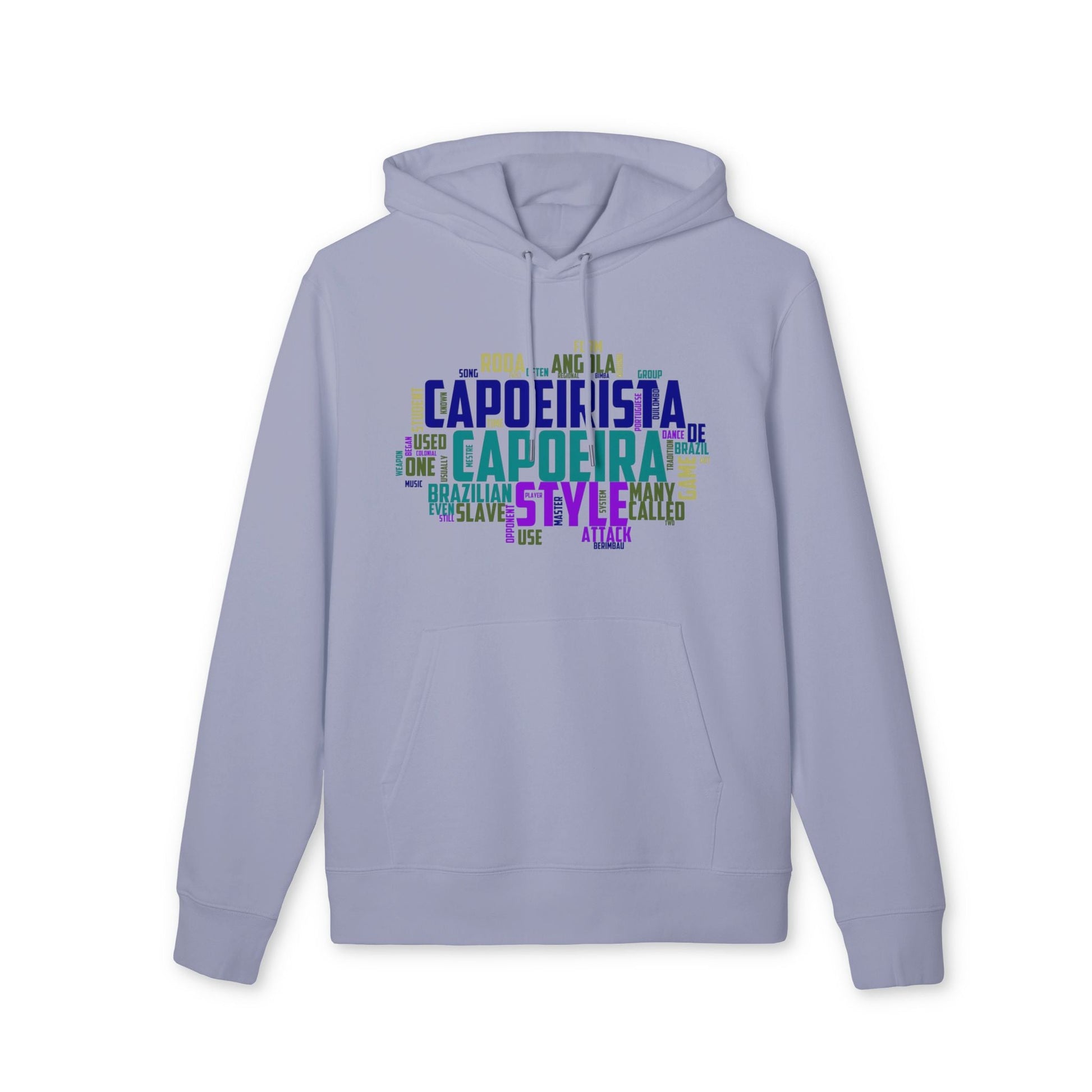 Capoeira Sustainable Unisex Hoodie in light lavender with hood and drawstrings, featuring colorful capoeira word art graphic on front
