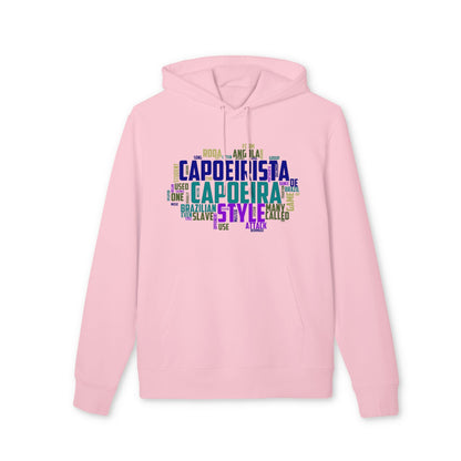 Capoeira Sustainable Unisex Hoodie en color rosa con capucha y diseño tipográfico “CAPOEIRA” en el pecho