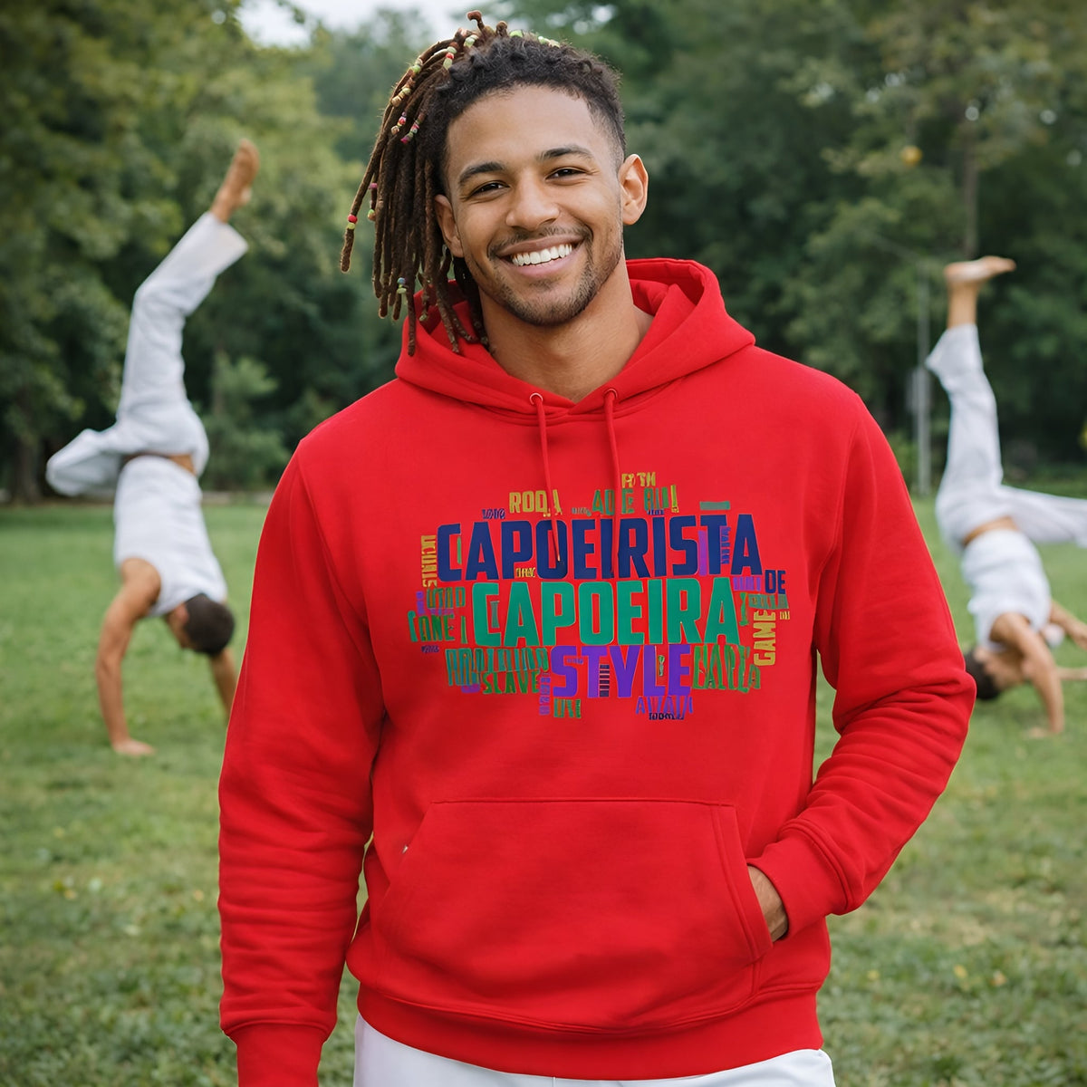 Capoeira Sustainable Unisex Hoodie red organic cotton hoodie with capoeira graphic print worn outdoors