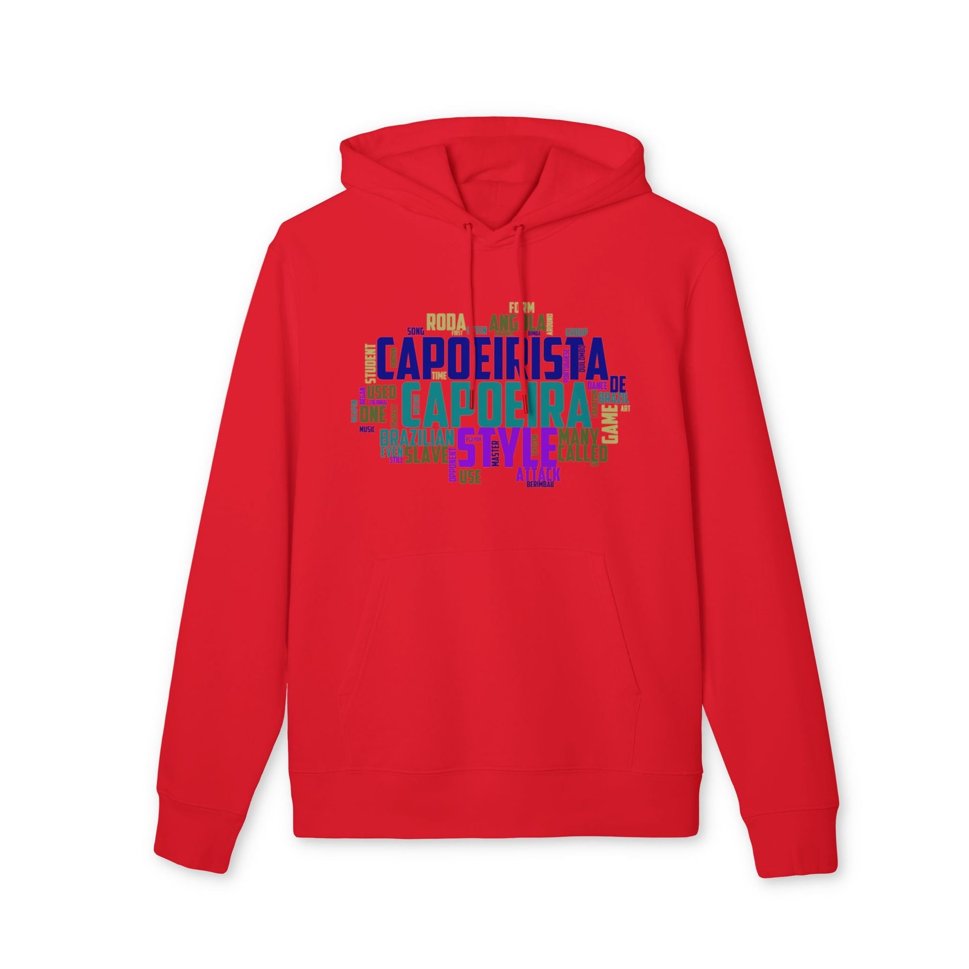 Alt Tag: Capoeira Sustainable Unisex Hoodie rojo de algodón orgánico con capucha y gráfico tipográfico “Capoeira Style” en el pecho