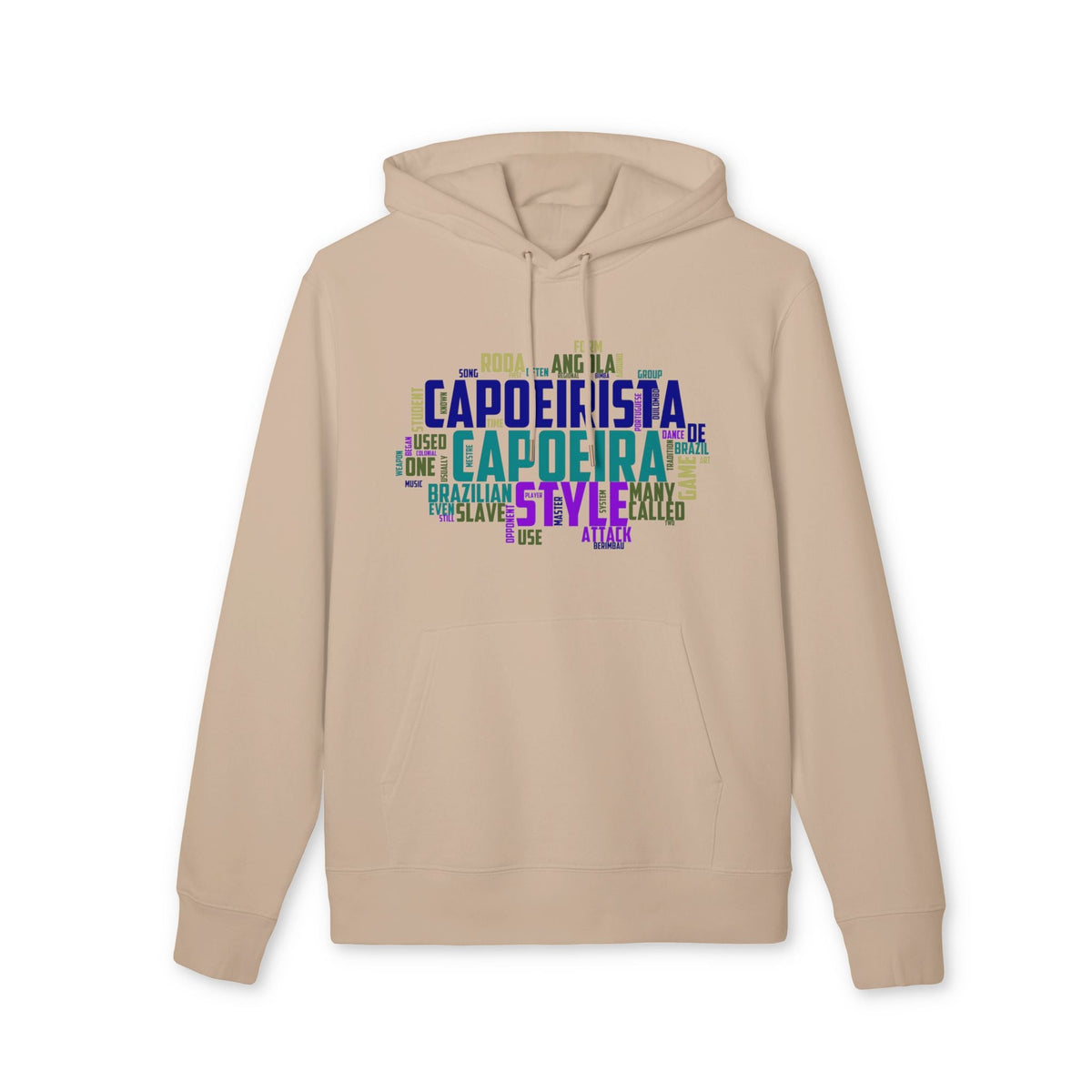 Alt Tag: Capoeira Sustainable Unisex Hoodie beige organic cotton hoodie with colorful capoeira typography graphic on chest