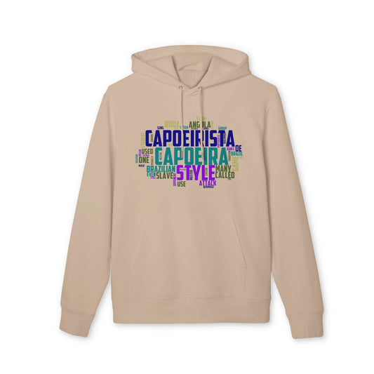 Alt Tag: Capoeira Sustainable Unisex Hoodie beige organic cotton hoodie with colorful capoeira typography graphic on chest