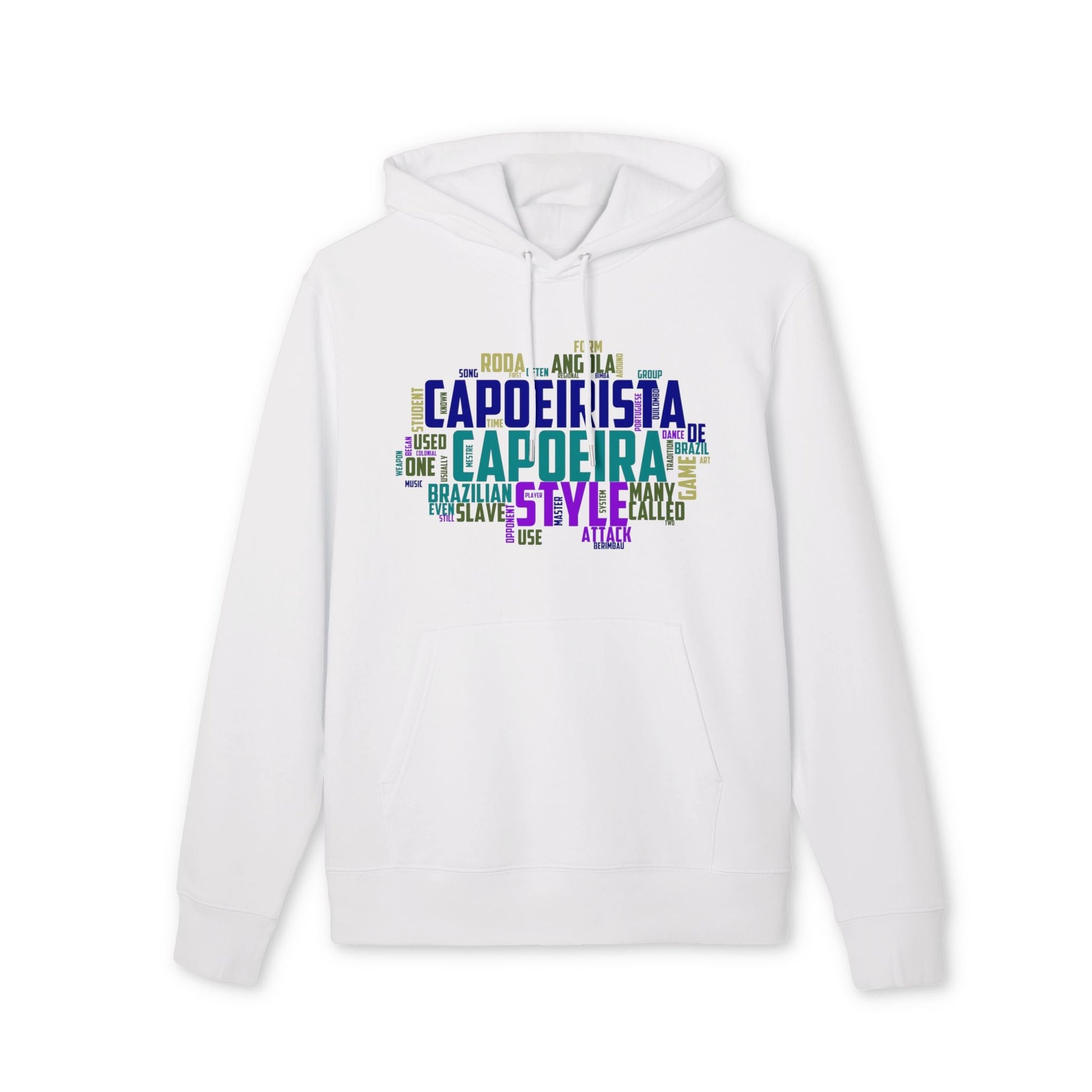 Alt Tag: Capoeira Sustainable Unisex Hoodie in white, organic cotton pullover with hood and colorful capoeira word art graphic
