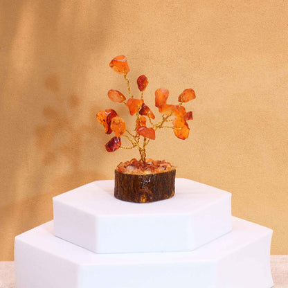Alt Tag: Carnelian Mini Gemstone Tree – 6 CM, 15 Stones decorative carnelian stone tree on white display stand