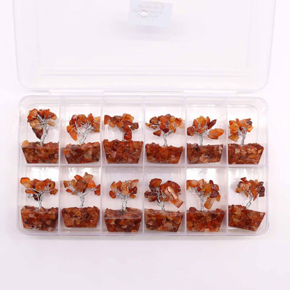 Carnelian Mini Gemstone Tree – Orgonite Base, 15 Stones set of 12 mini carnelian gemstone trees in plastic organizer box