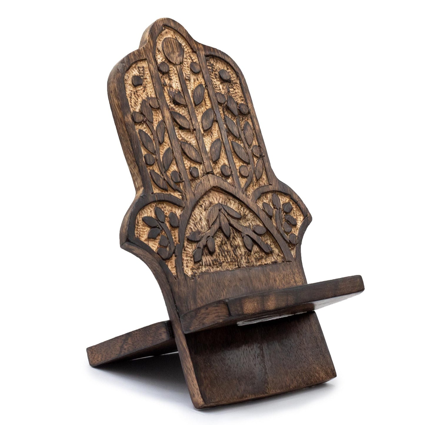 Carved Hamsa Wooden Phone Stand – Mango Wood 20x9.5 CM, mango wood phone holder with carved Hamsa design