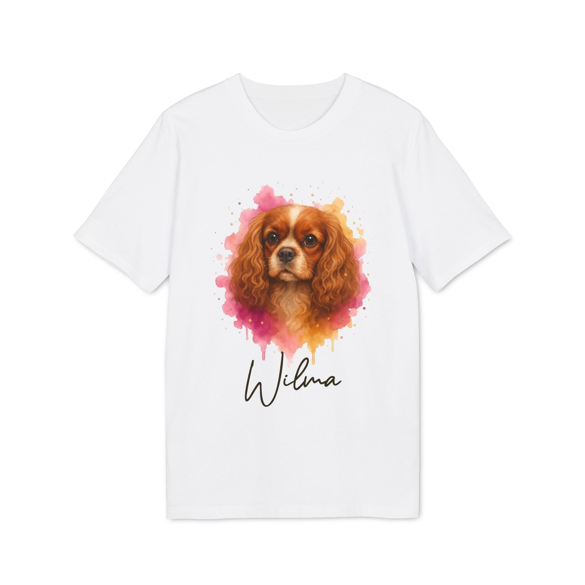 Alt Tag: Cavalier King Charles Spaniel Personalized Dog 100% Organic Cotton T-Shirt with watercolor spaniel portrait and custom name Wilma