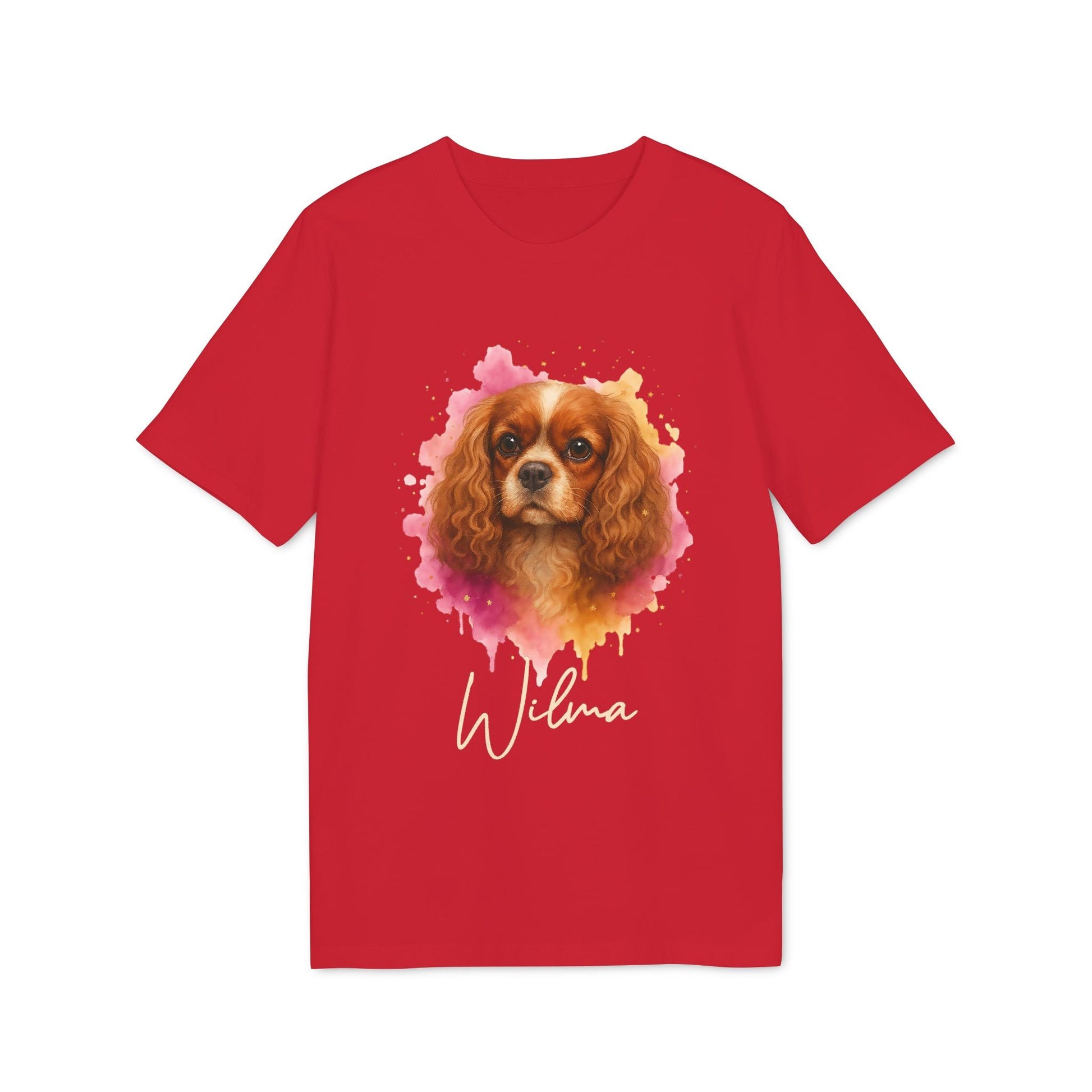 Alt Tag: Cavalier King Charles Spaniel Personalized Dog 100% Organic Cotton T-Shirt roja con retrato de spaniel y nombre personalizado “Wilma”