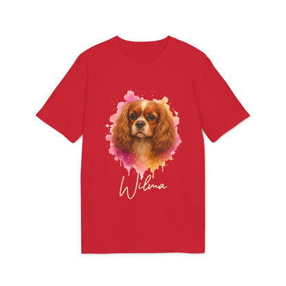 Alt Tag: Cavalier King Charles Spaniel Personalized Dog 100% Organic Cotton T-Shirt roja con retrato de spaniel y nombre personalizado “Wilma”