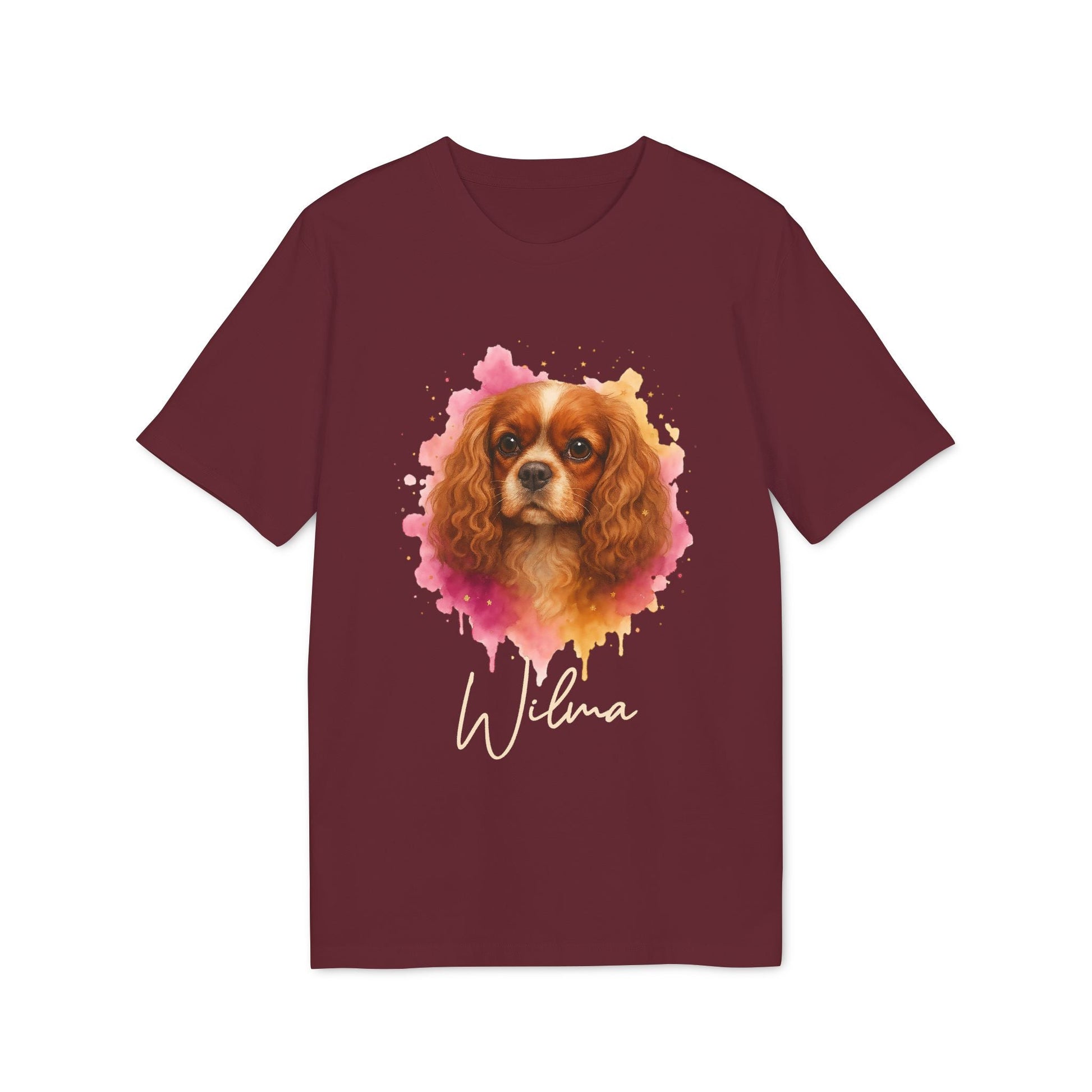 Alt Tag: Cavalier King Charles Spaniel Personalized Dog 100% Organic Cotton T-Shirt maroon with Cavalier portrait and name Wilma