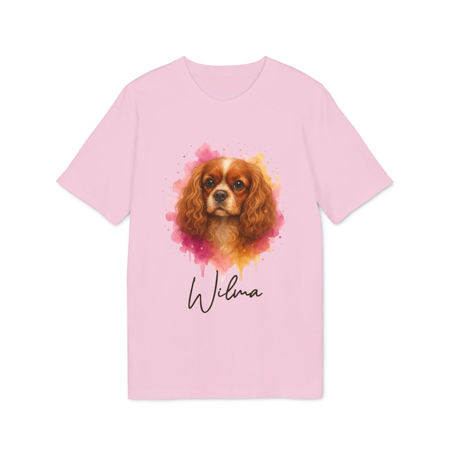 Cavalier King Charles Spaniel Personalized Dog 100% Organic Cotton T-Shirt pink tee with watercolor spaniel portrait and name Wilma