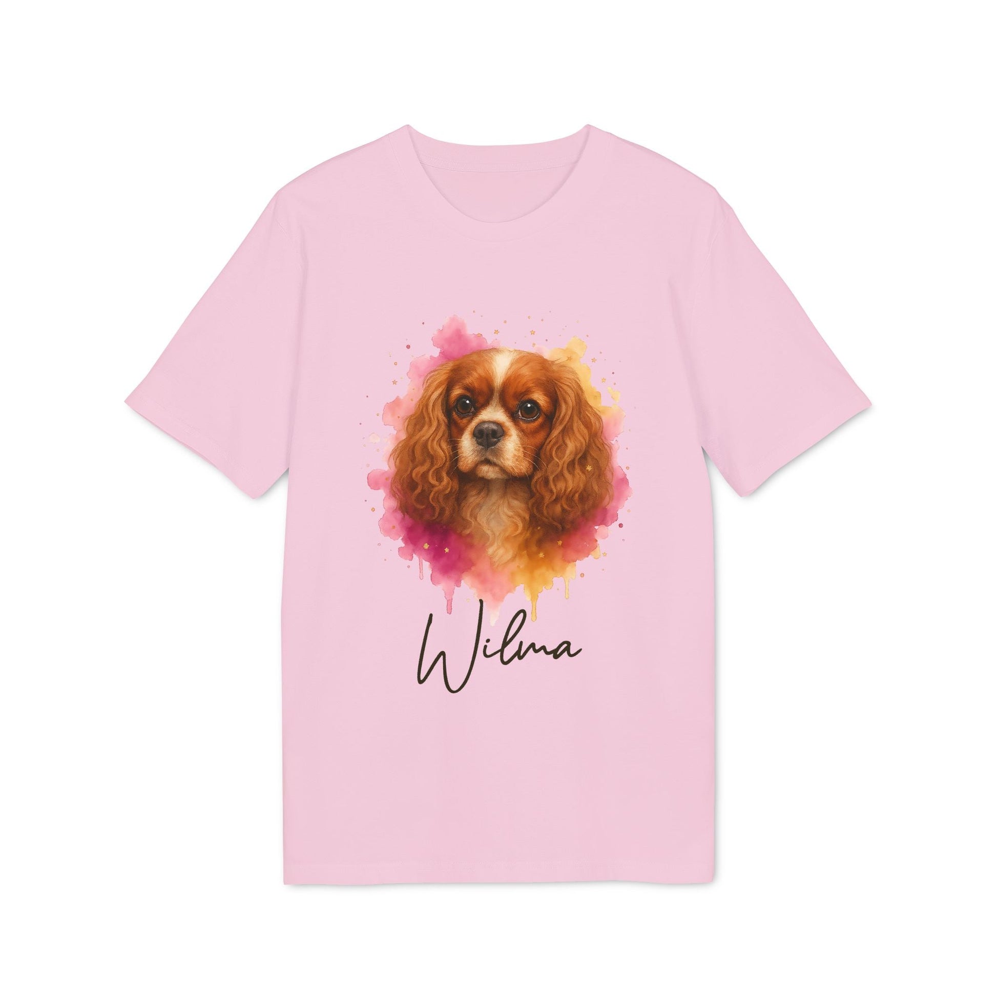 Cavalier King Charles Spaniel Personalized Dog 100% Organic Cotton T-Shirt pink tee with watercolor spaniel portrait and name Wilma