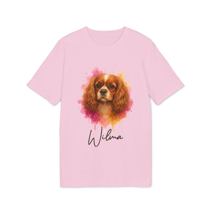 Cavalier King Charles Spaniel Personalized Dog 100% Organic Cotton T-Shirt pink tee with watercolor spaniel portrait and name Wilma