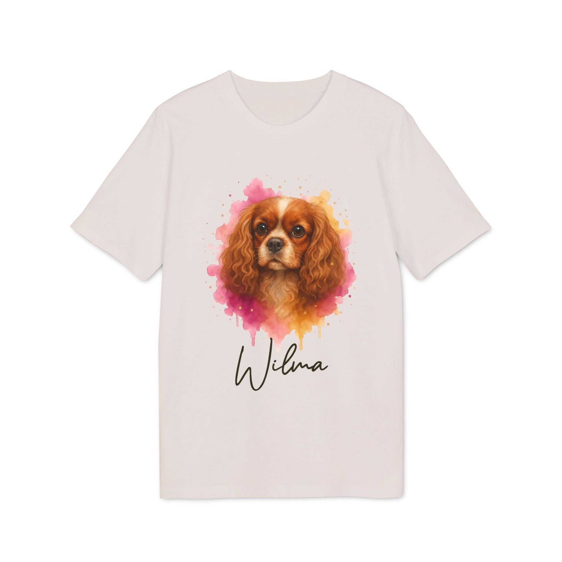 Cavalier King Charles Spaniel Personalized Dog 100% Organic Cotton T-Shirt con ilustración acuarela y nombre Wilma