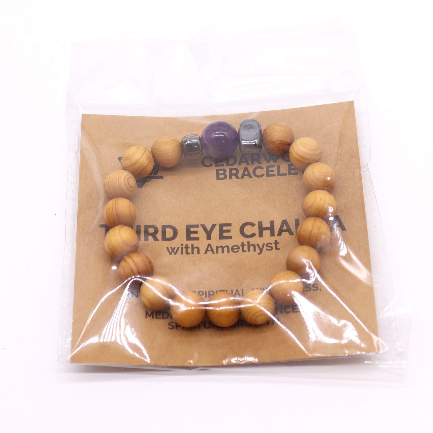 Alt Tag: Cedarwood Chakra Bangle – Amethyst 7CM cedarwood bead bracelet with amethyst stone, packaged in clear bag