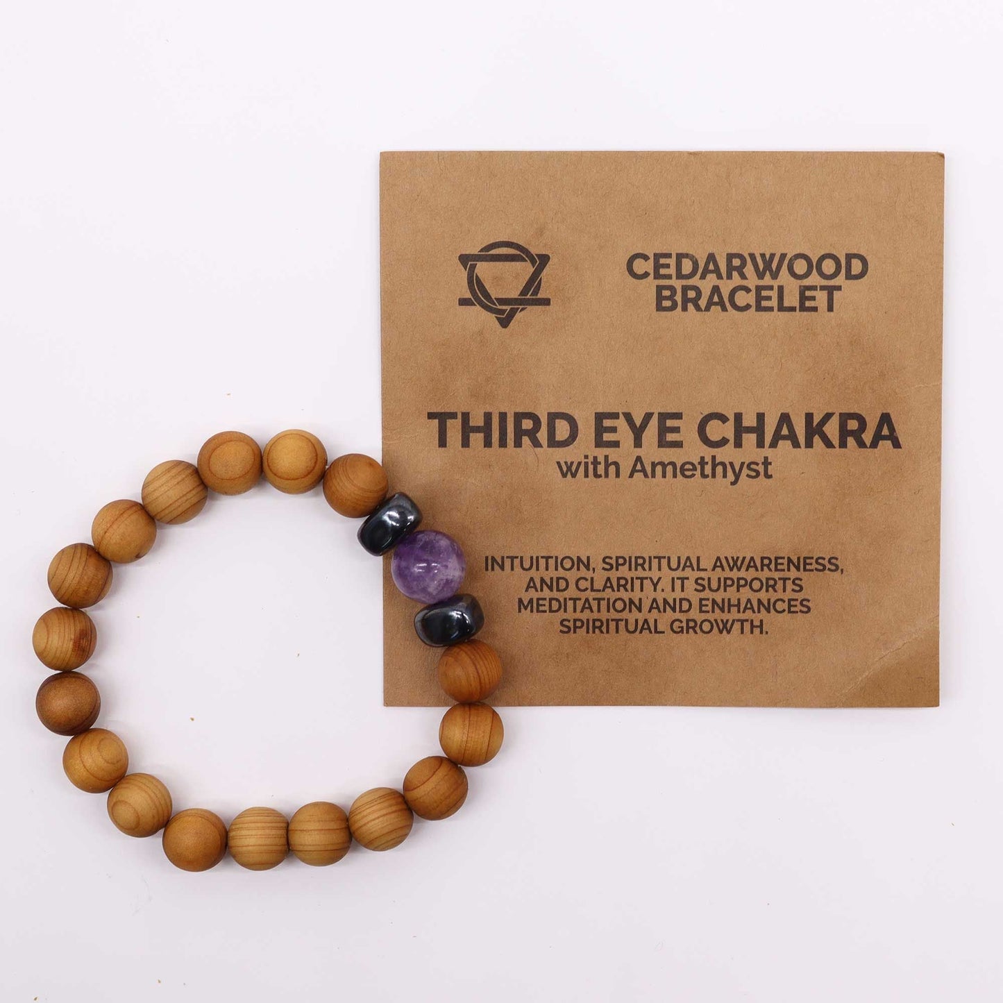 Alt Tag: Cedarwood Chakra Bangle – Amethyst 7CM cedarwood bead bracelet with amethyst stones, product packaging shown