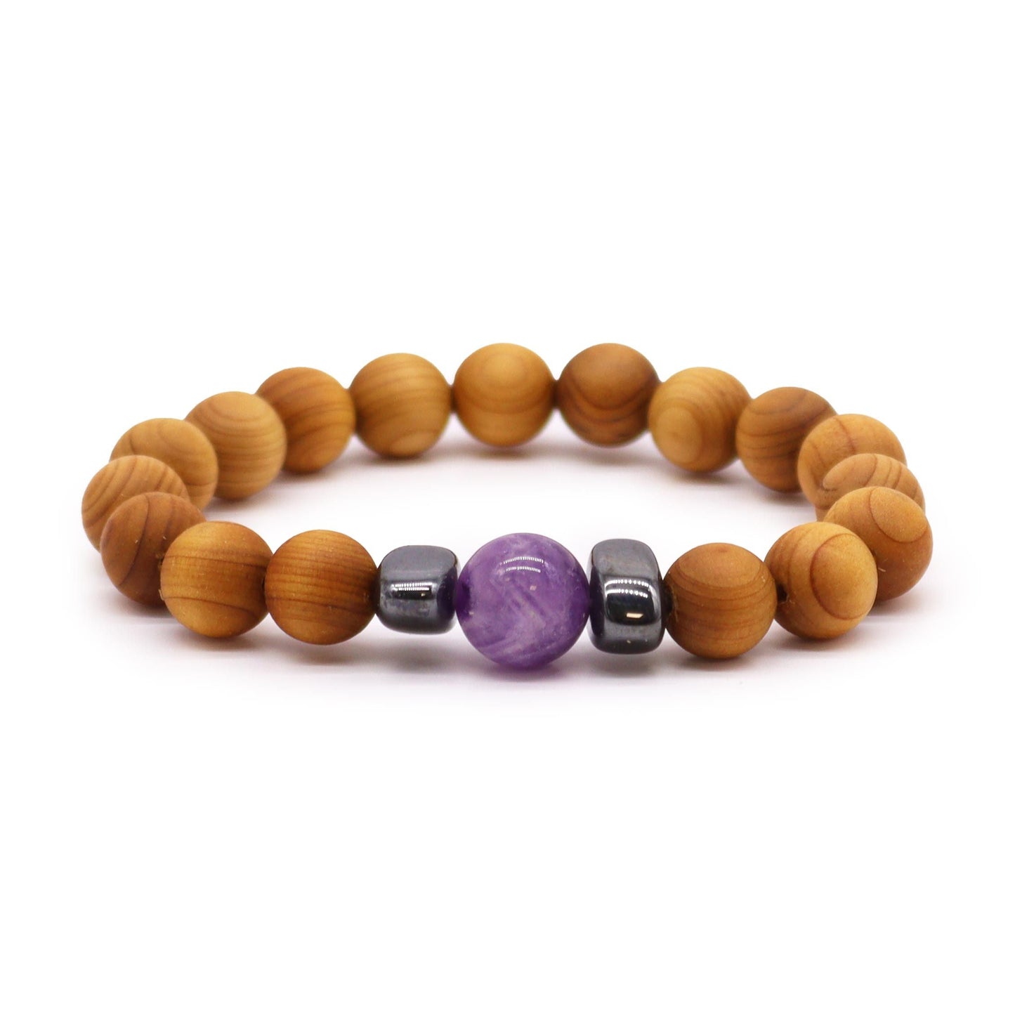 Alt Tag: Cedarwood Chakra Bangle – Amethyst 7CM pulsera de cuentas de madera de cedro con piedra amatista y separadores metálicos