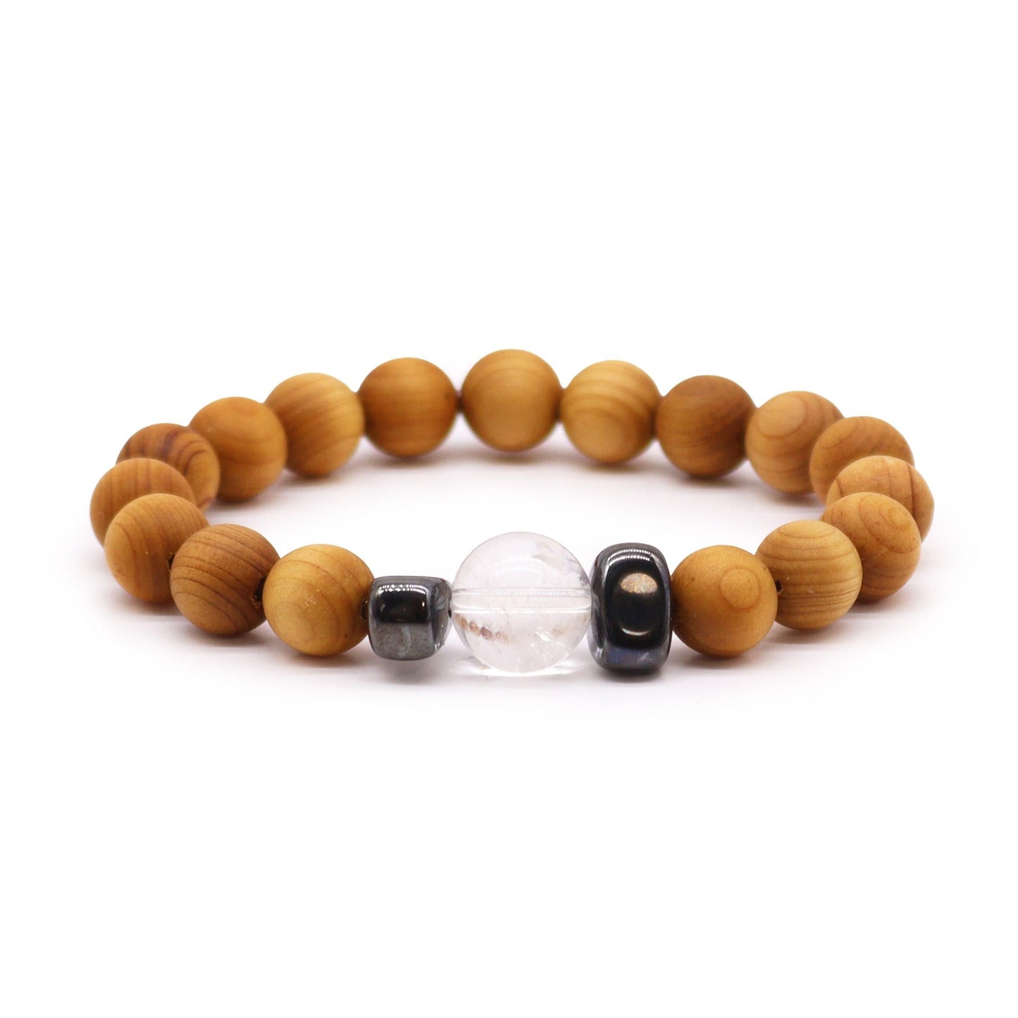 Cedarwood Chakra Bangle – Clear Quartz 7x7 CM, pulsera de cuentas de madera de cedro con piedra de cuarzo transparente