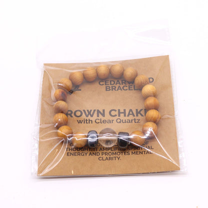 Cedarwood Chakra Bangle – Clear Quartz 7x7 CM en empaque, pulsera de cuentas de madera de cedro con piedra de cuarzo transparente