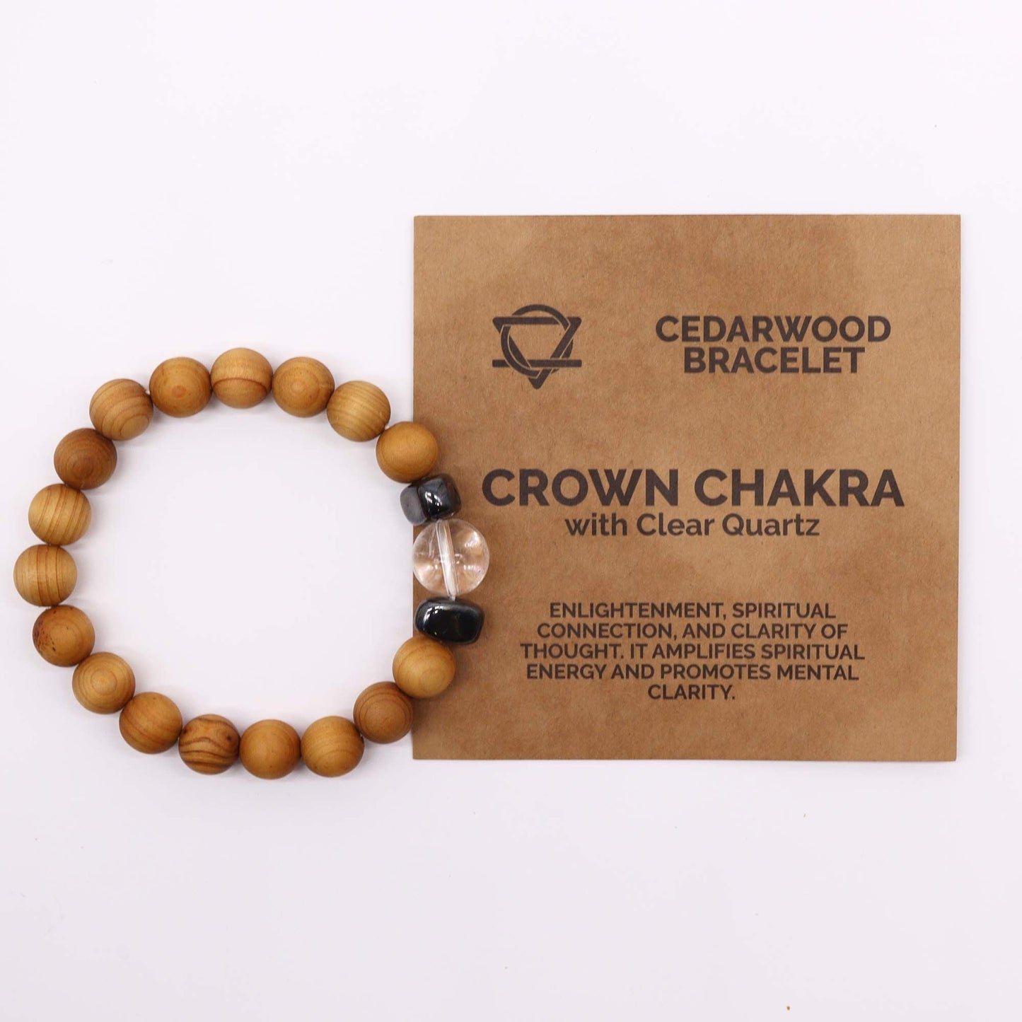 Cedarwood Chakra Bangle – Clear Quartz 7x7 CM cedarwood beaded bracelet with clear quartz and crown chakra card