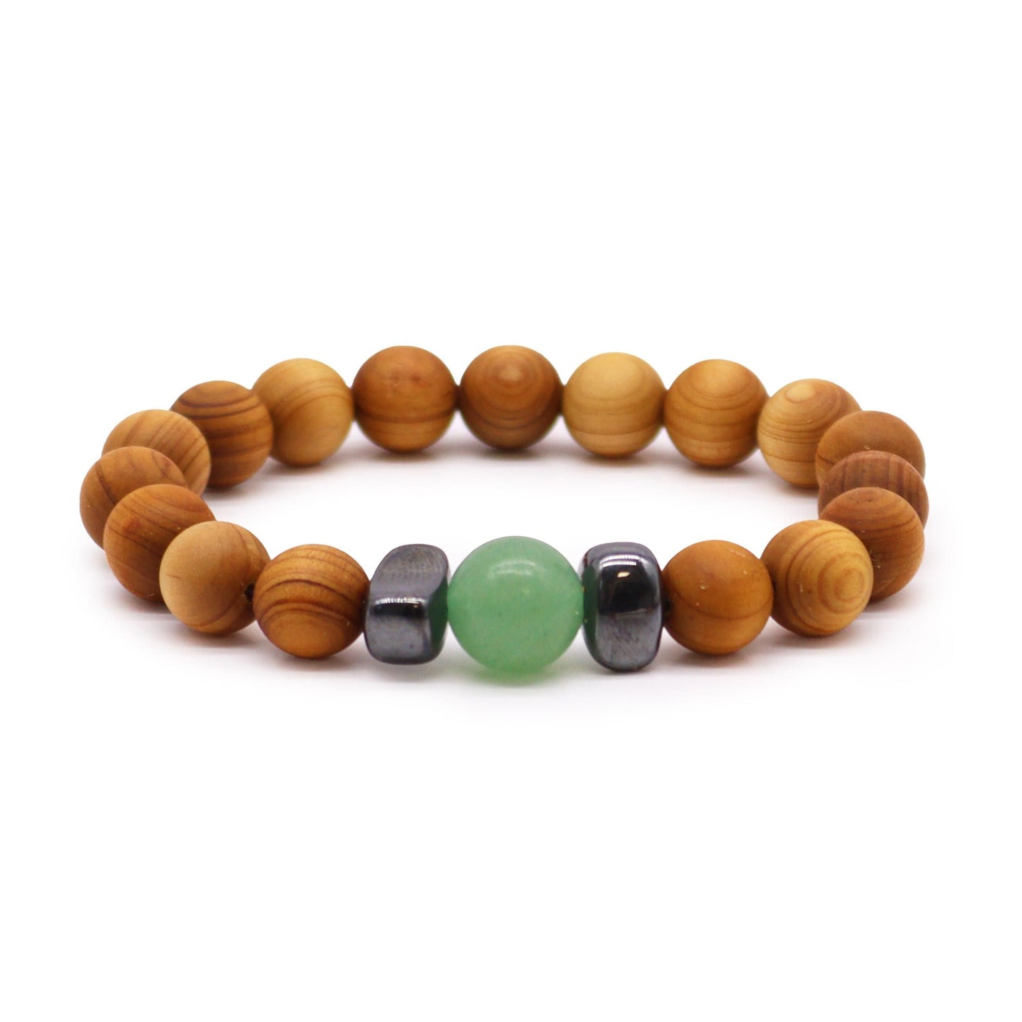 Alt Tag: Cedarwood Chakra Bangle – Green Aventurine bracelet with cedarwood beads, green aventurine center bead and hematite spacers