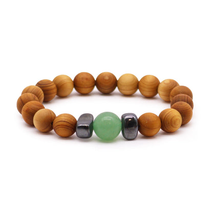 Alt Tag: Cedarwood Chakra Bangle – Green Aventurine bracelet with cedarwood beads, green aventurine center bead and hematite spacers