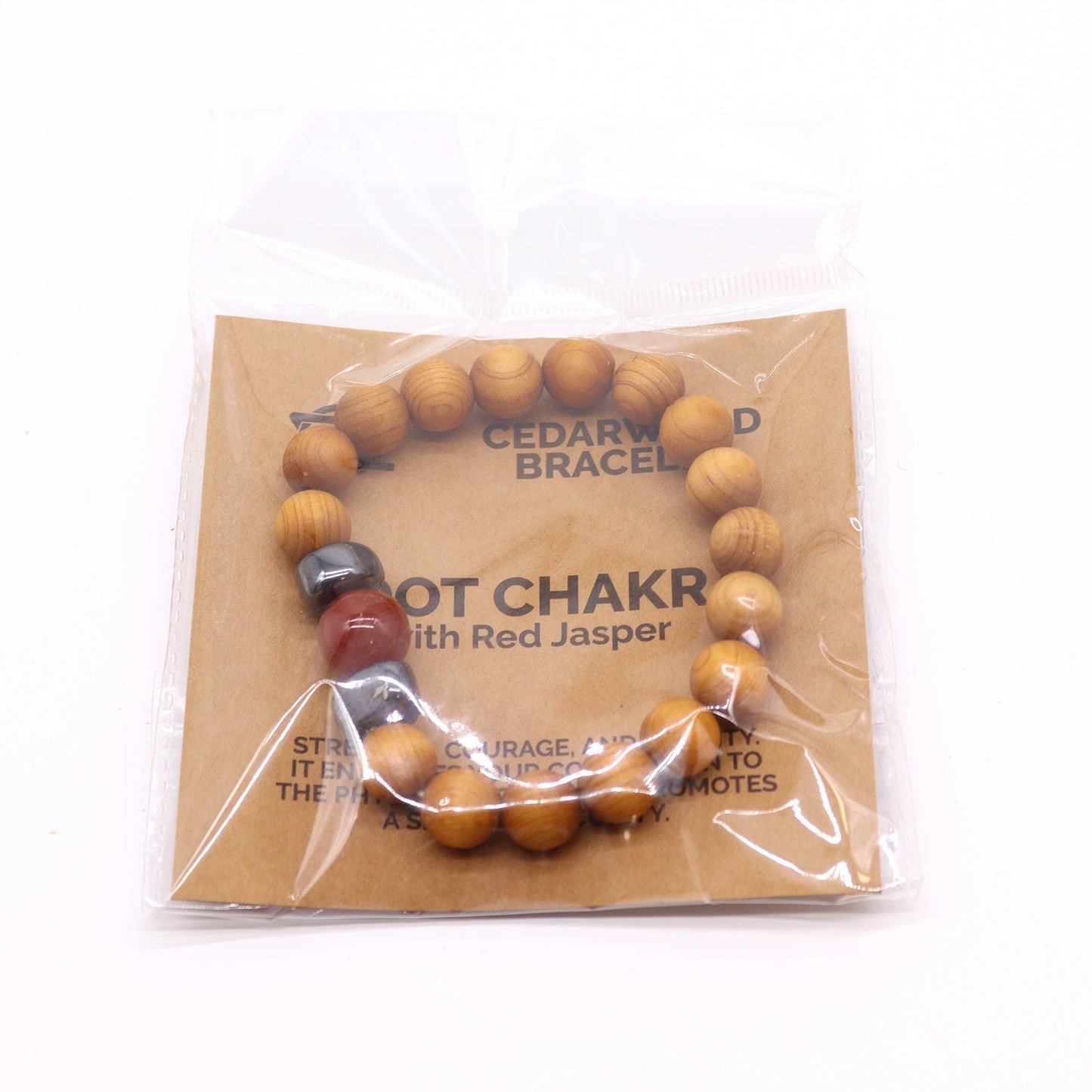 Alt Tag: Cedarwood Chakra Bangle – Red Jasper, 7x7 CM cedarwood bead bracelet with red jasper stones, packaged on Root Chakra card