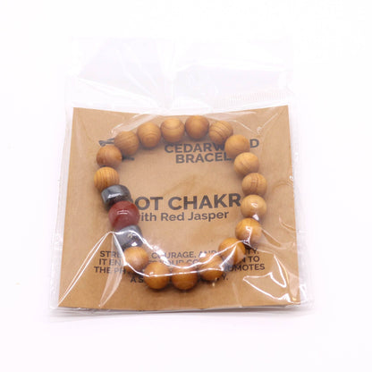 Alt Tag: Cedarwood Chakra Bangle – Red Jasper, 7x7 CM cedarwood bead bracelet with red jasper stones, packaged on Root Chakra card