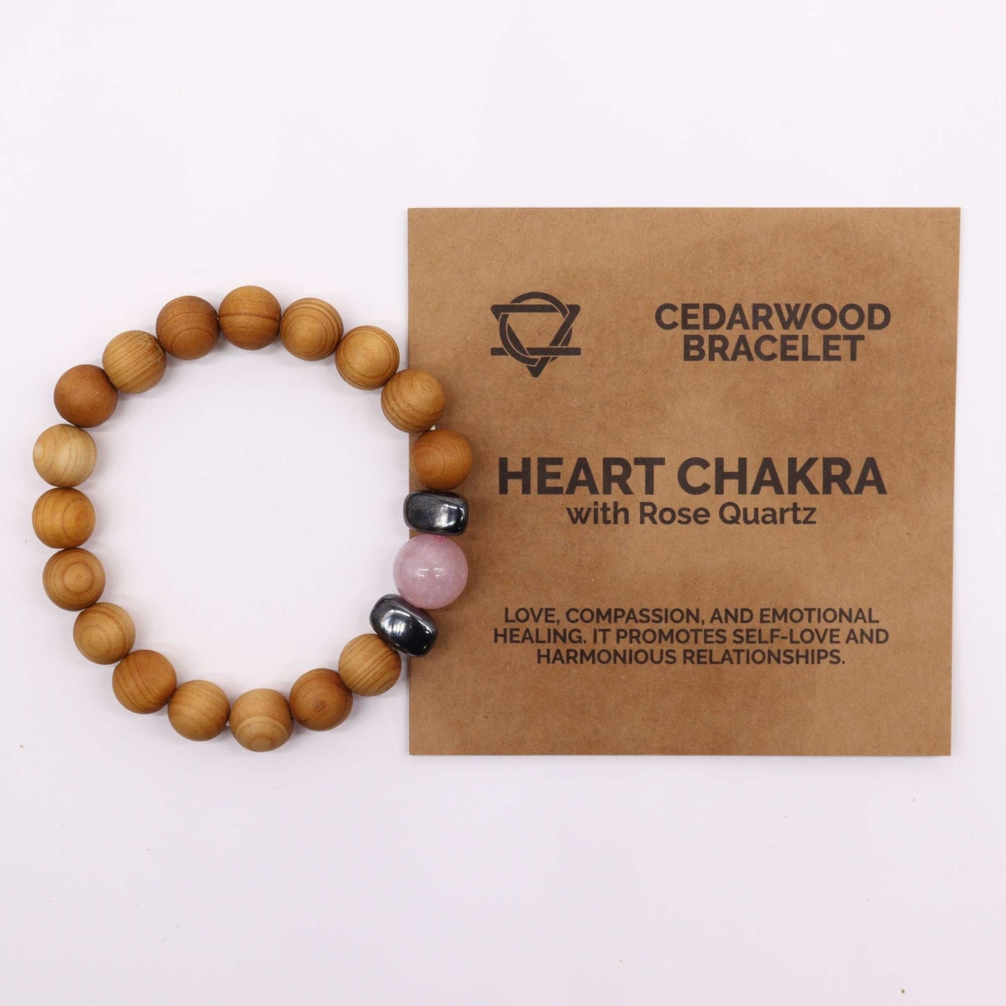 Alt Tag: Cedarwood Heart Chakra Bangle – Rose Quartz cedarwood bead bracelet with rose quartz and hematite accents, product card