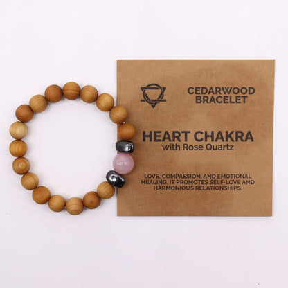 Alt Tag: Cedarwood Heart Chakra Bangle – Rose Quartz cedarwood bead bracelet with rose quartz and hematite accents, product card