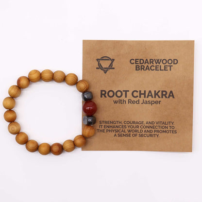 Alt Tag: Cedarwood Chakra Bangle – Red Jasper, 7x7 CM bracelet with cedarwood beads and red jasper root chakra accent on product card