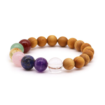 Alt Tag: Cedarwood Seven Chakra Bangle – Natural Beads bracelet with cedarwood beads and seven chakra stones, close-up on white background